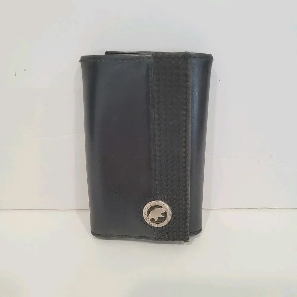 Hunting World‎ Key Case Hooks Holder Wallet Logo Black Trifold Leather Italian
